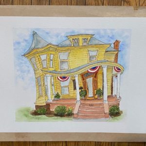 yellow Victorian house with large porch painted in whimsical style