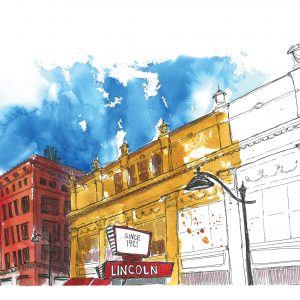 Watercolor painting of the Lincoln Theater buidling in Belleville, IL