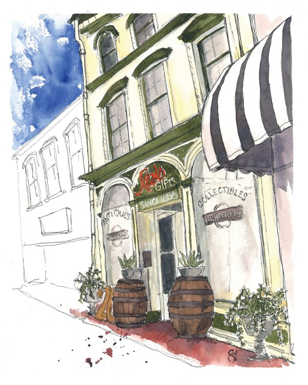 watercolor painting of the old Keil's Hardware building