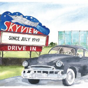 Skyview drive in sign with 49 automobile in front of it