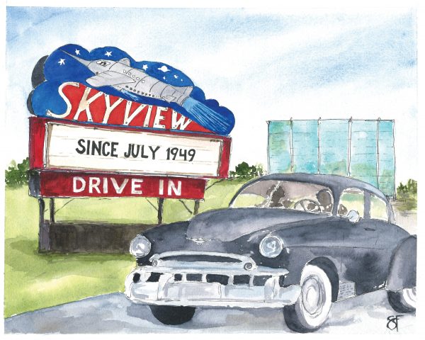 Skyview drive in sign with 49 automobile in front of it