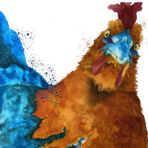 Fluent in Foul Languages $225 watercolor painting of gold and blue chicken in a whimsical style