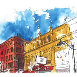 pen and ink painting of the Lincoln theater in belleville Illinois angle to show top of building and sky