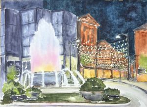 watercolor of fountain at night with city streetscape to the right