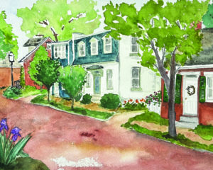 Garfield Street available at Green Root Gallery Watercolor on paper. View of brick German row house on Garfield St in Belleville