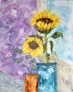 Summer Glow $275 Watercolor on canvas, sunflowers in vase in front of window