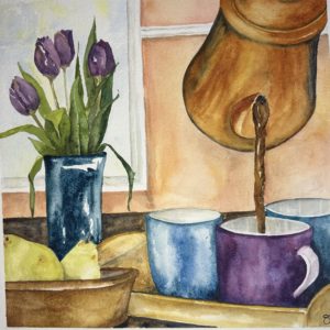 Sunday Morning $125 Watercolor and wax on paper, on cradle. Pouring coffee into a mug with vase of tulips in front of window
