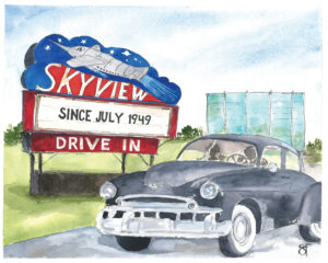 SkyView *SOLD* watercolor on paper. skyview drive in sign with 1940's era vehicle