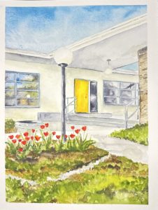 Blazier House $225 Watercolor on paper, view of yellow front door of the mid century modern Blazier House